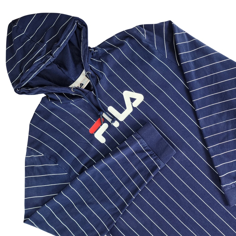 FILA Hoodie Men L Navy Blue Pinstripe Logo‎ Hooded Shirt Streetwear 100% Cotton